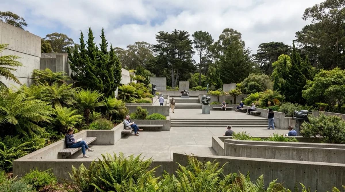 Music Concourse with de Young Museum copper facade and visitors on paved walkways