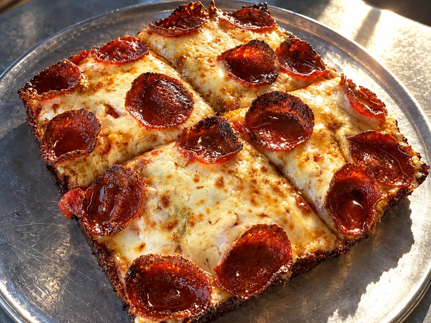 Thick square pizza covered in small cupped pepperoni slices curled into crisp bowls of rendered fat, cut into squares on a metal tray