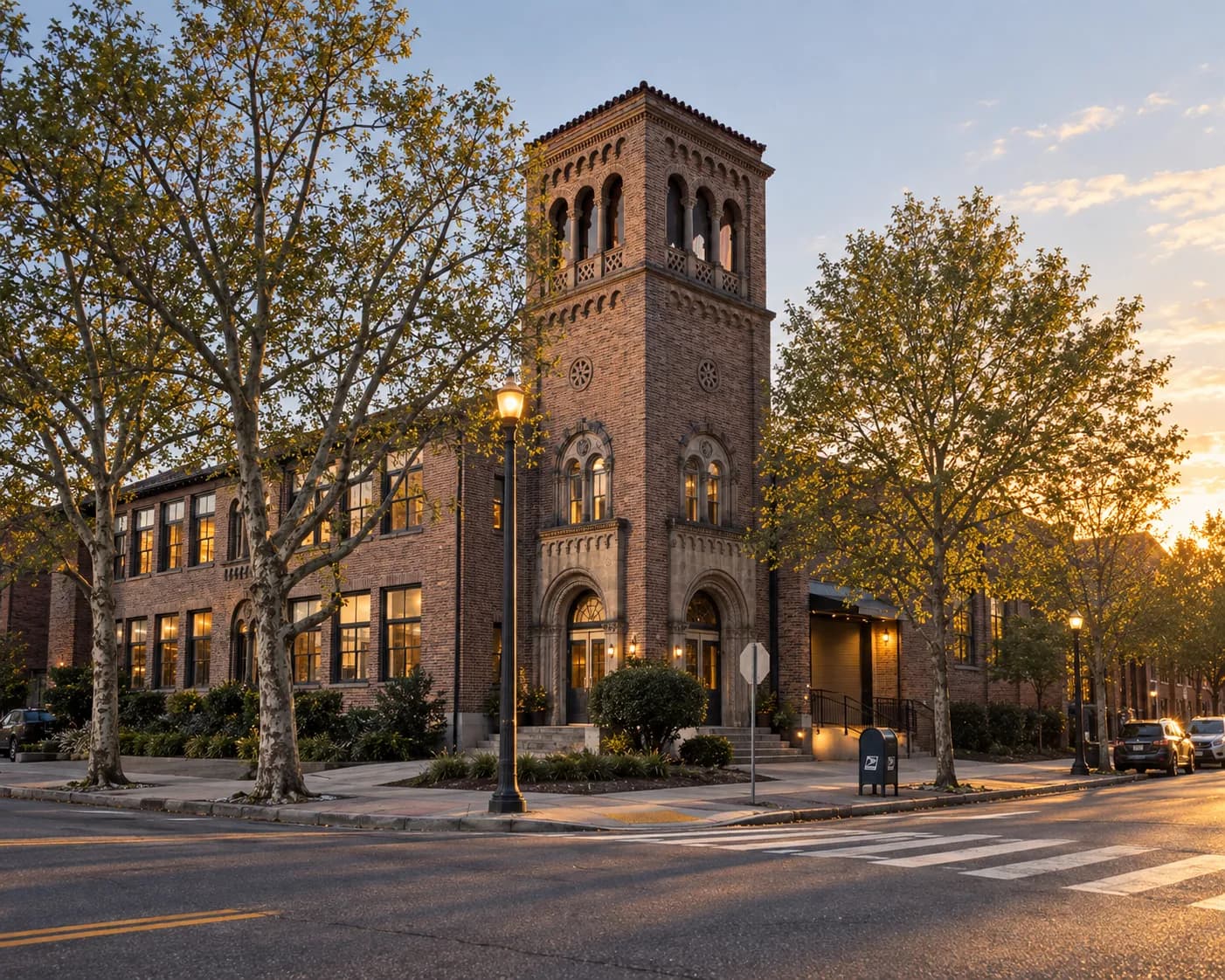 Corner of a converted brick warehouse block with tall arched windows, a loading bay and a street tree, lit by low raking evening sun