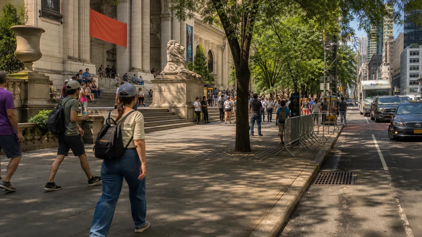 New York Public Library main building viewed from the sidewalk with city traffic nearby.