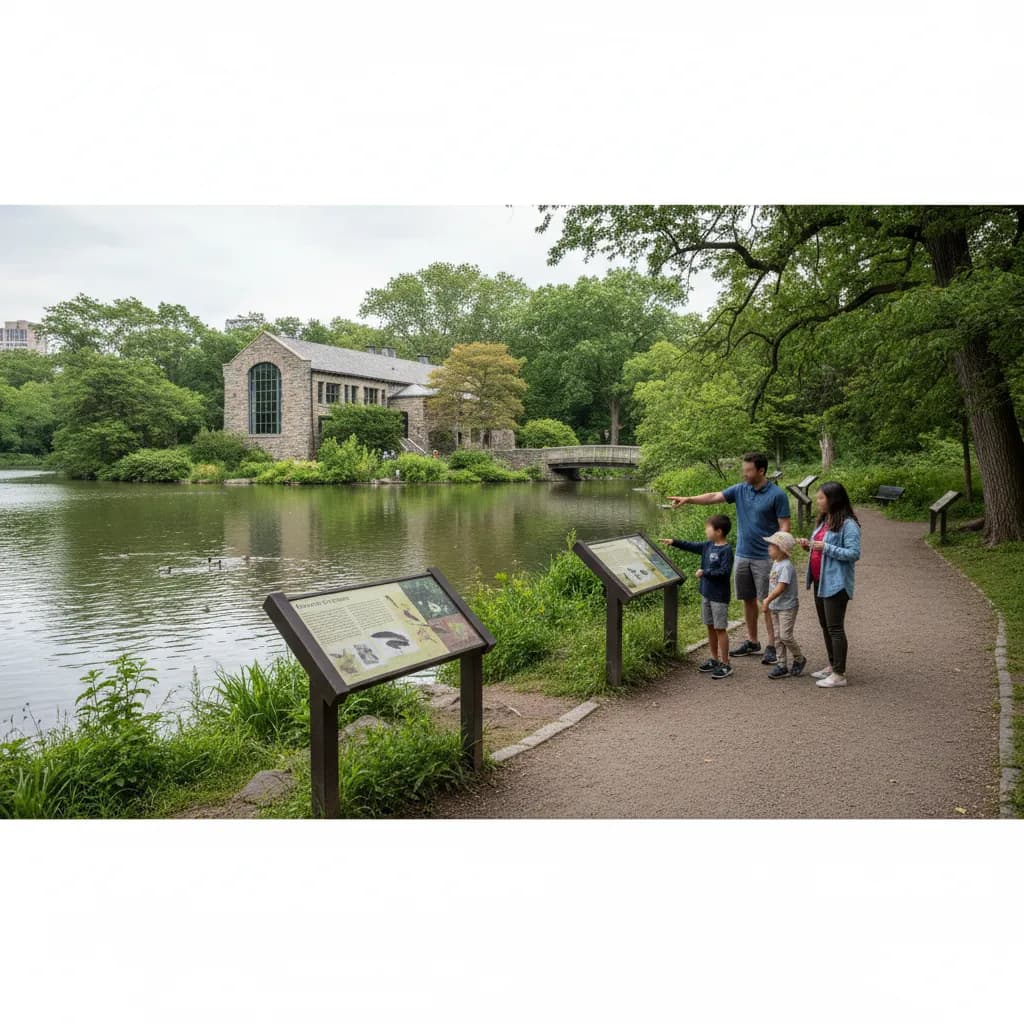 Editorial-style realistic scene inspired by Prospect Park Audubon Center in New York.
