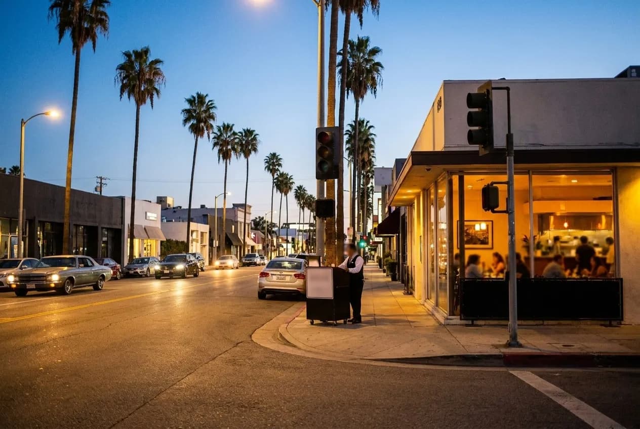 Evening view of Melrose Avenue in Hollywood with restaurant exterior glowing at dusk