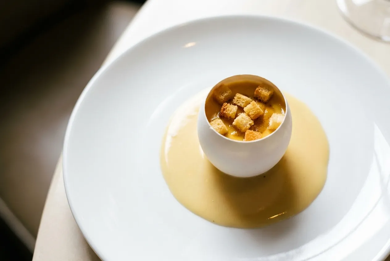 Overhead view of sea urchin custard served in an eggshell with champagne sauce and brioche croutons