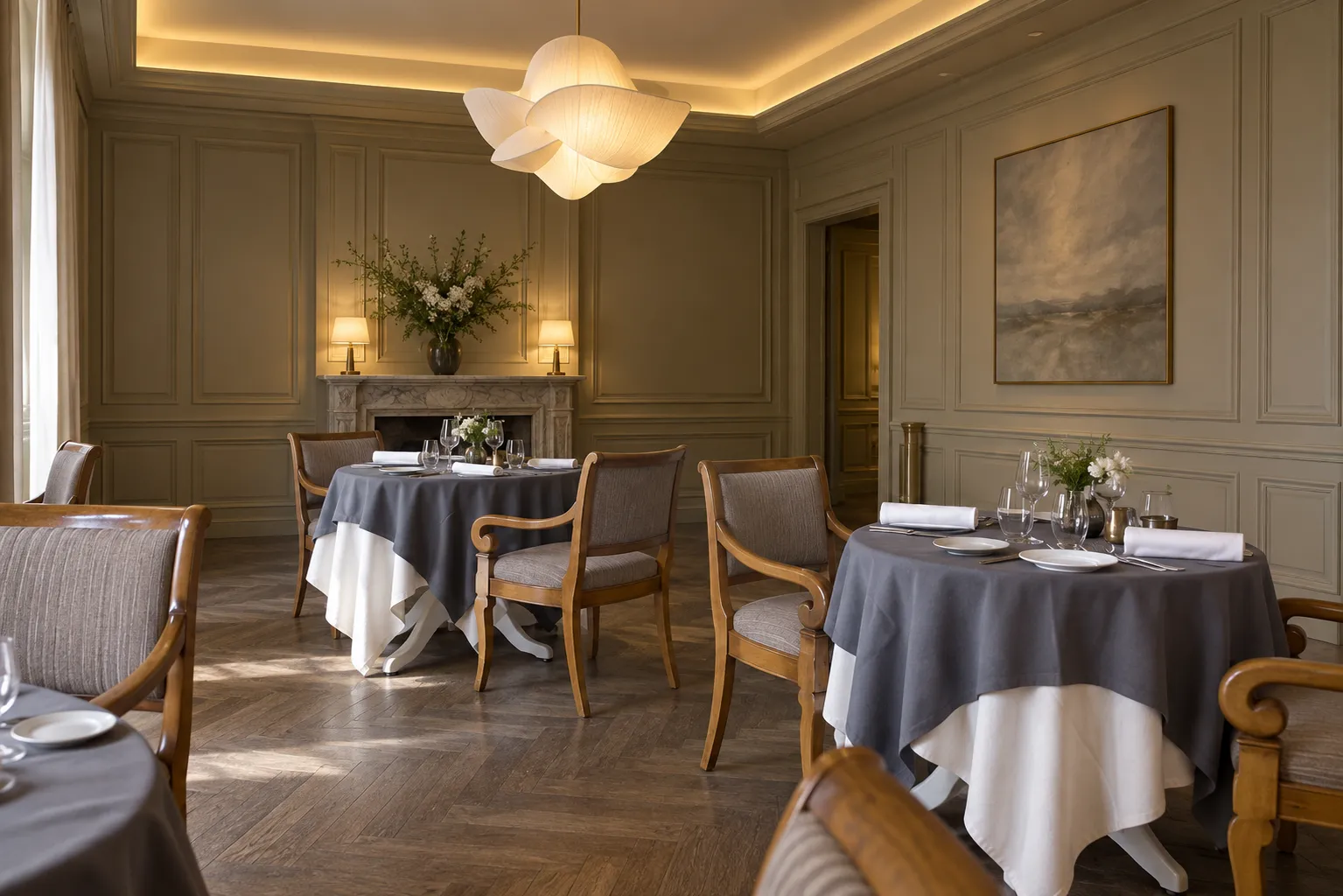 Restrained upscale dining room with widely spaced round tables under crisp linen, upholstered chairs and soft cove lighting in a muted cream and grey palette