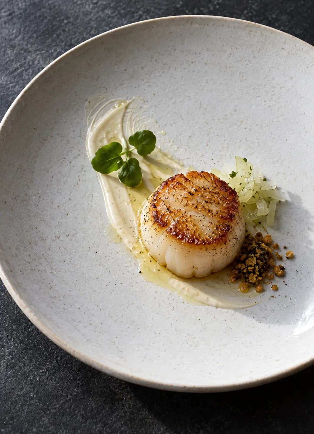Single seared scallop set off-centre on a wide pale ceramic plate with a thin emulsion streaked beneath and three precisely placed garnishes