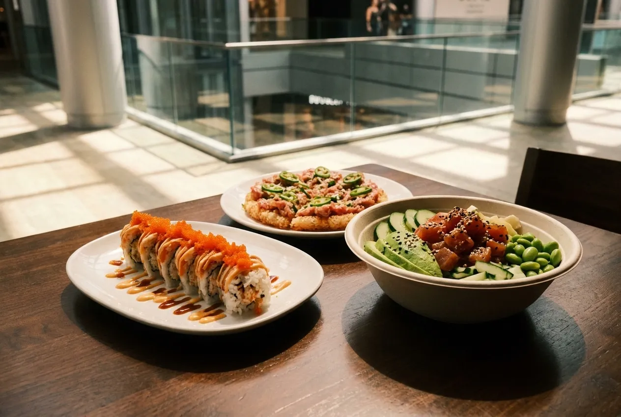 Overhead view of Japanese-Latin fusion sushi rolls and bowls on a wooden table with natural light.