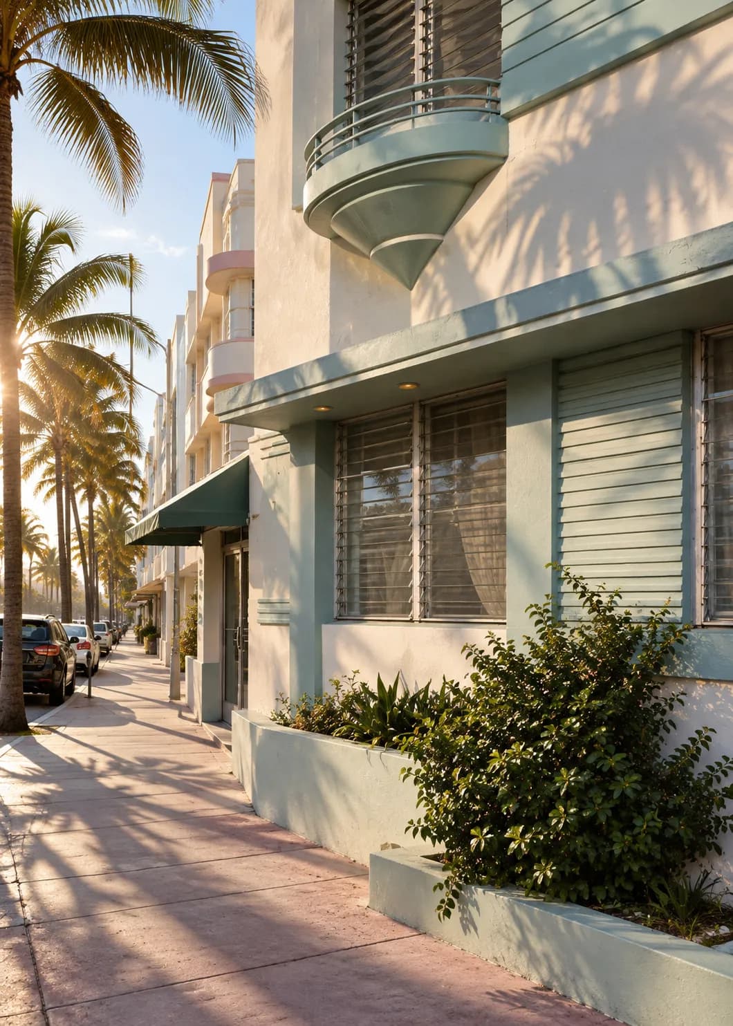 Plain corner restaurant on a South Beach avenue with pastel Art Deco buildings either side, an awning over the doorway and palm shadows falling across an empty early-morning pavement
