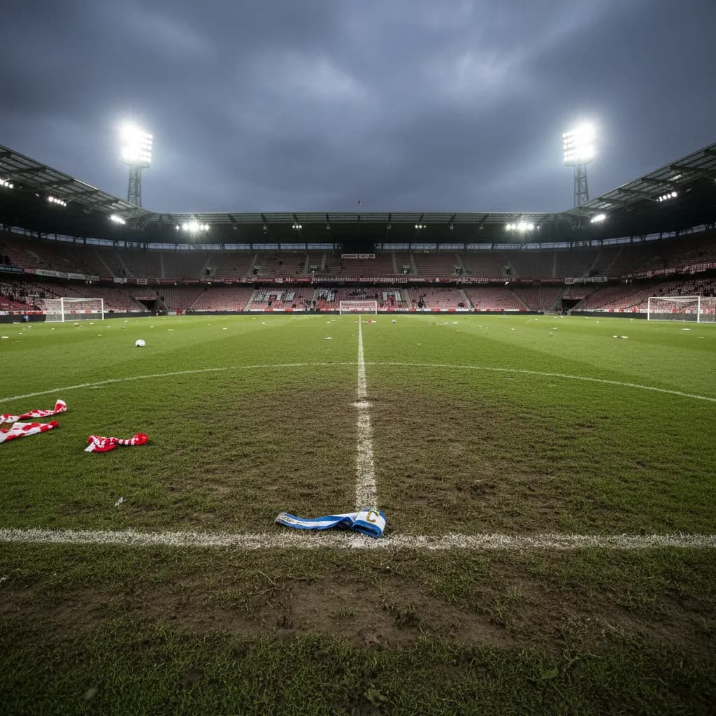 A captain's armband lies abandoned on the center circle of an empty pitch after a defeat