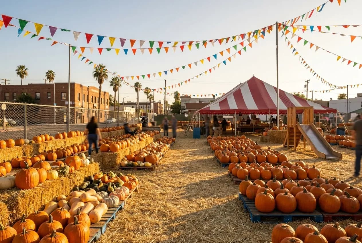 A pumpkin patch set up on a city lot with straw bales and strings of flags