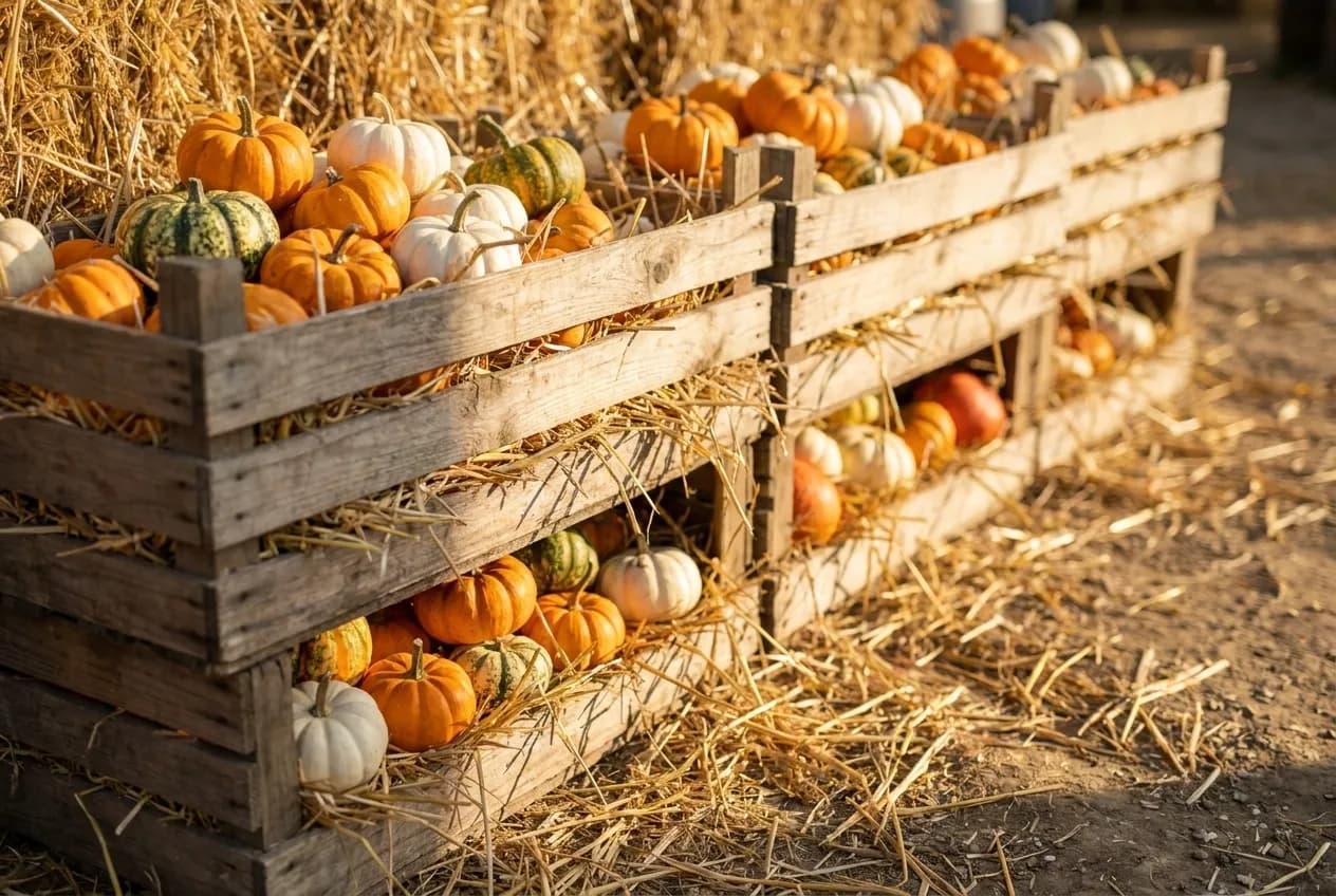 Small pumpkins stacked in wooden crates with straw around them