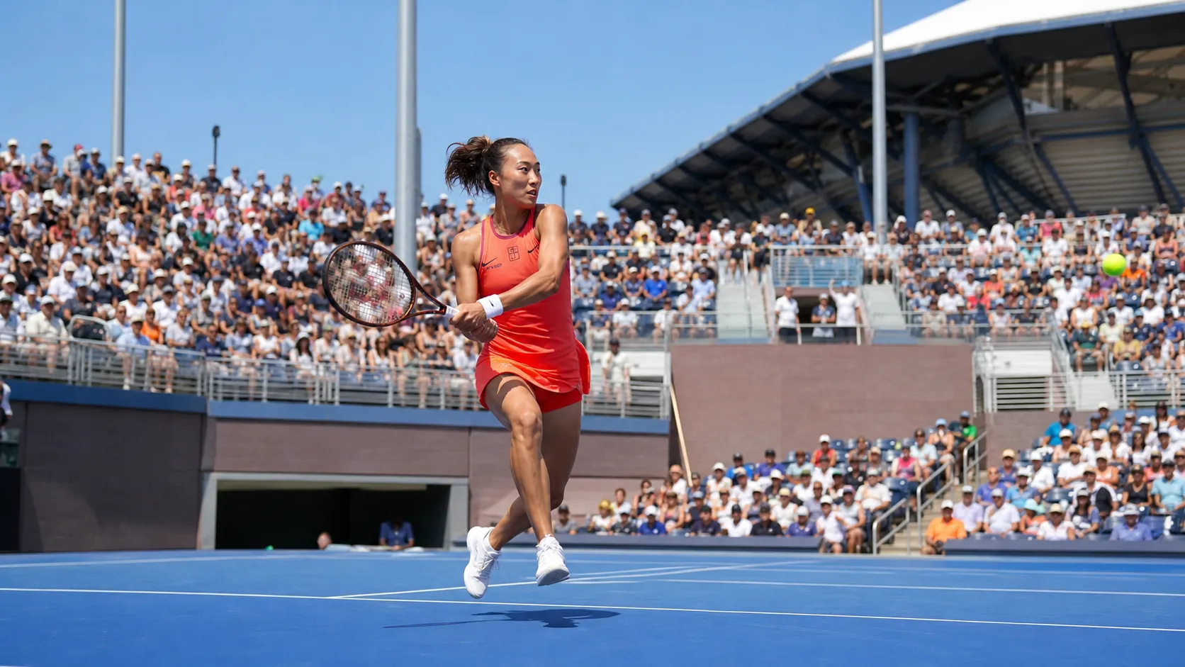 Photorealistic US Open tennis scene for Qinwen Zheng’s Aggressive Baseline Game Fits New York’s Pace.