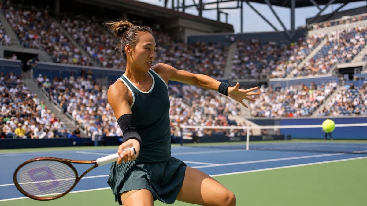 Photorealistic tennis scene illustrating Qinwen Zheng’s Aggressive Baseline Game Fits New York’s Pace.