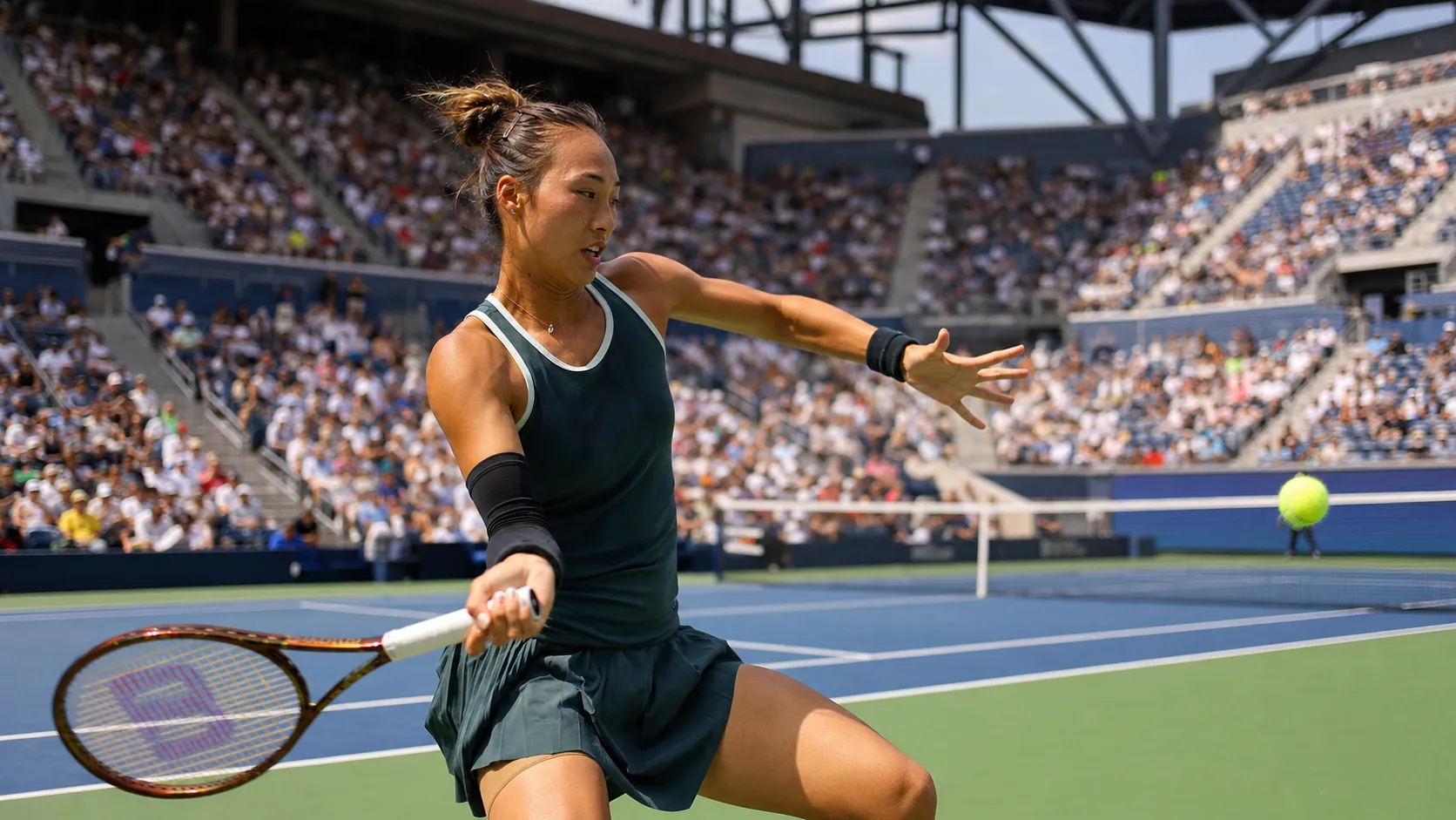 Photorealistic tennis scene illustrating Qinwen Zheng’s Aggressive Baseline Game Fits New York’s Pace.