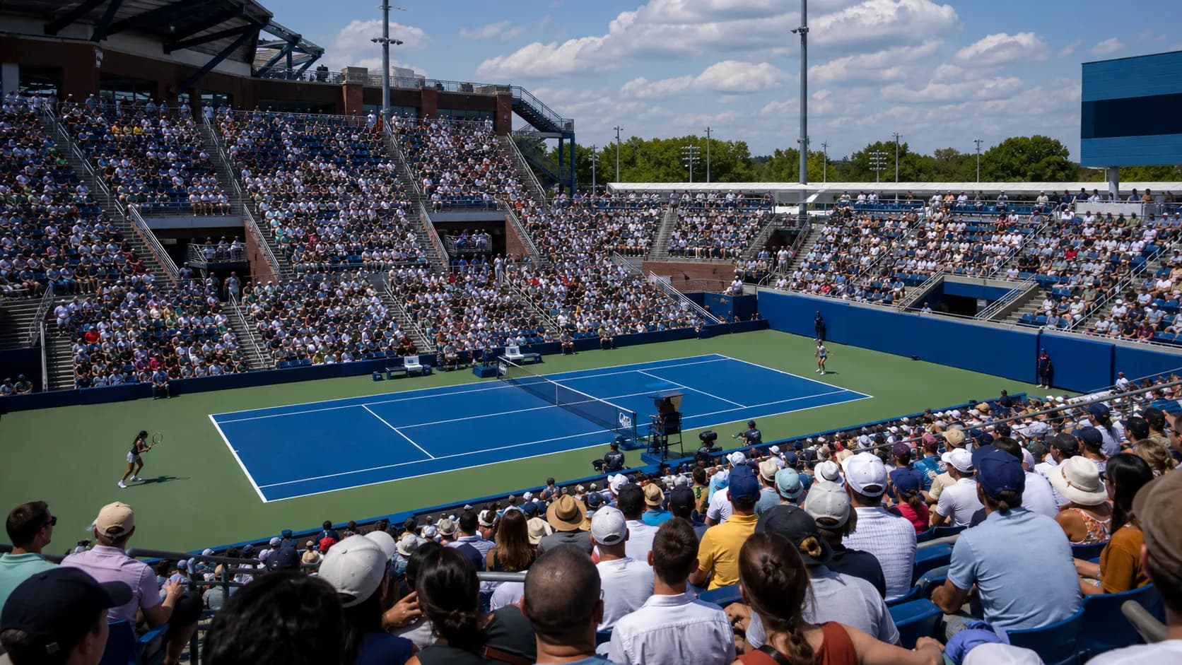 Bright US Open tennis atmosphere illustrating Qinwen Zheng’s Aggressive Baseline Game Fits New York’s Pace.