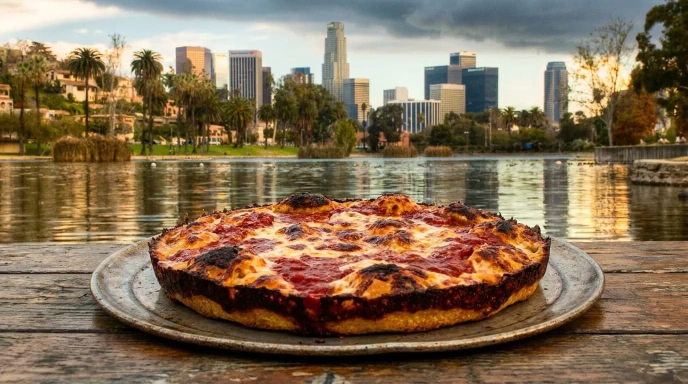 Golden-edged Detroit-style pan pizza on metal tray, thick crust charred dark at corners, cheese bubbling and browned, tomato sauce pooled in crimson pockets, shot from above under warm interior light