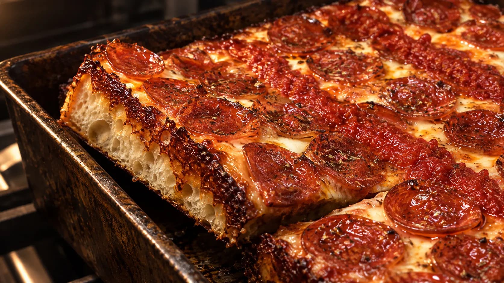 Rectangular deep-pan pizza lifted at one corner showing the caramelised cheese crust fused along the pan edge and a thick airy crumb beneath