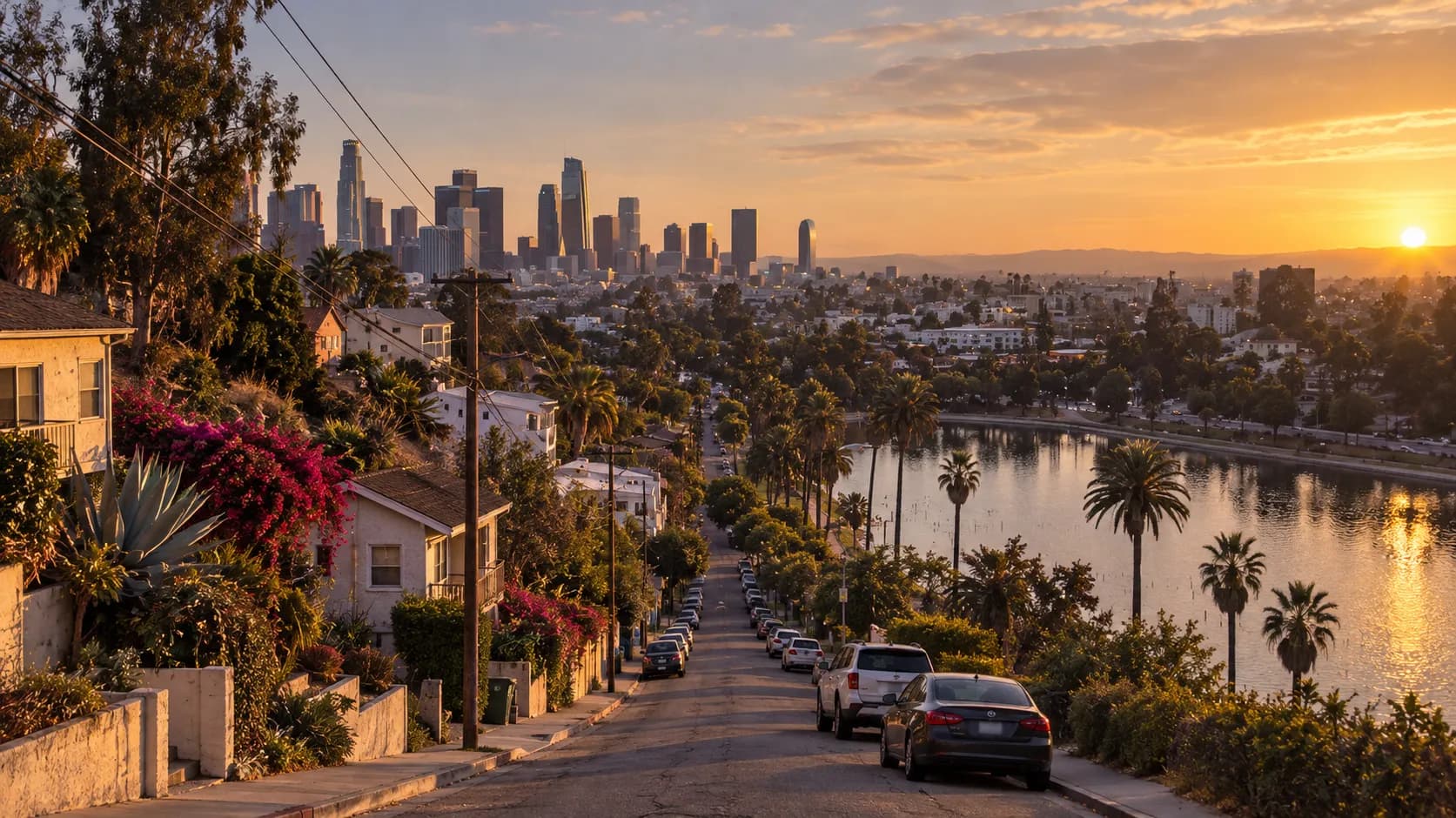 Narrow residential hillside street with small bungalows stepping up the slope, power lines overhead and agave and bougainvillea in front gardens