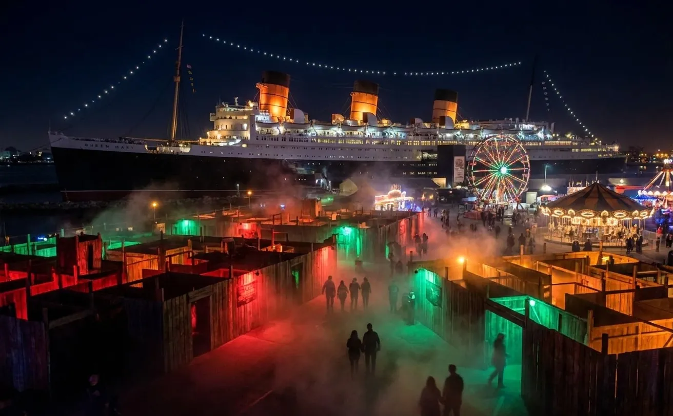 Dark Harbor Halloween festival grounds below the Queen Mary with illuminated mazes and carnival lights at night