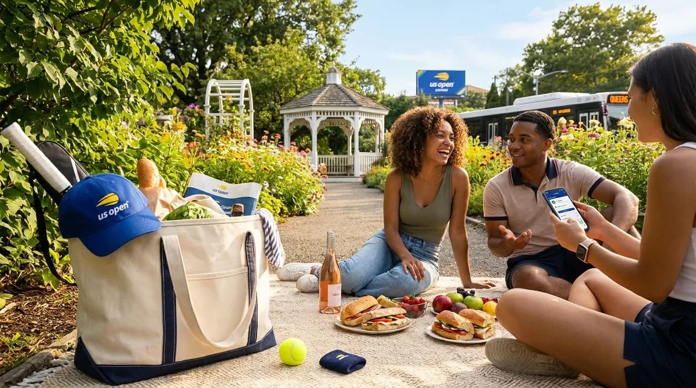 Photorealistic New York scene for Queens Botanical Garden Picnic Before an Evening US Open Session.