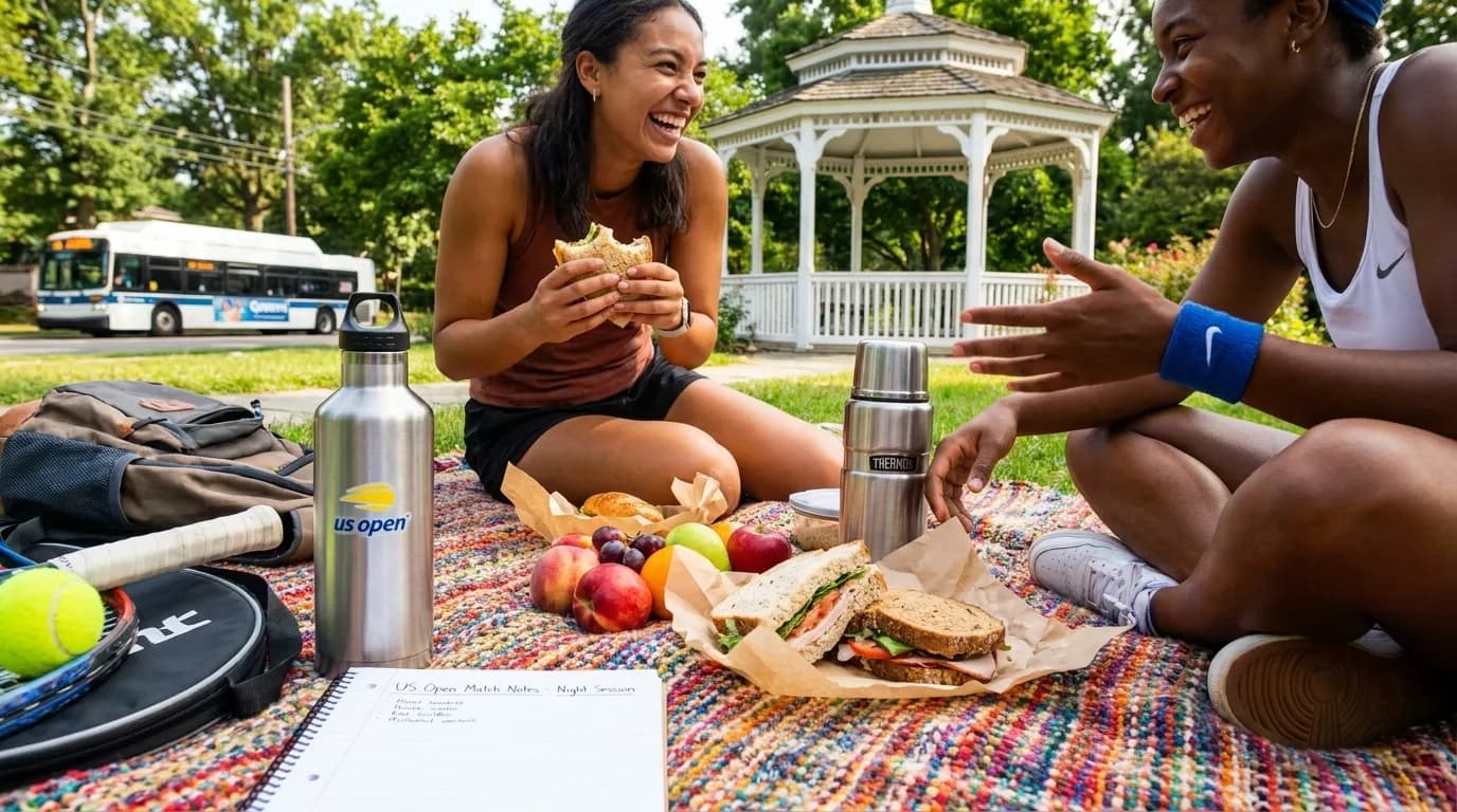 Bright editorial scene supporting Queens Botanical Garden Picnic Before an Evening US Open Session.