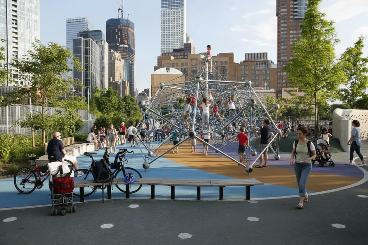 NYC experience scene for Queensbridge Baby Park Splash Stop Before the F Train Ride Home