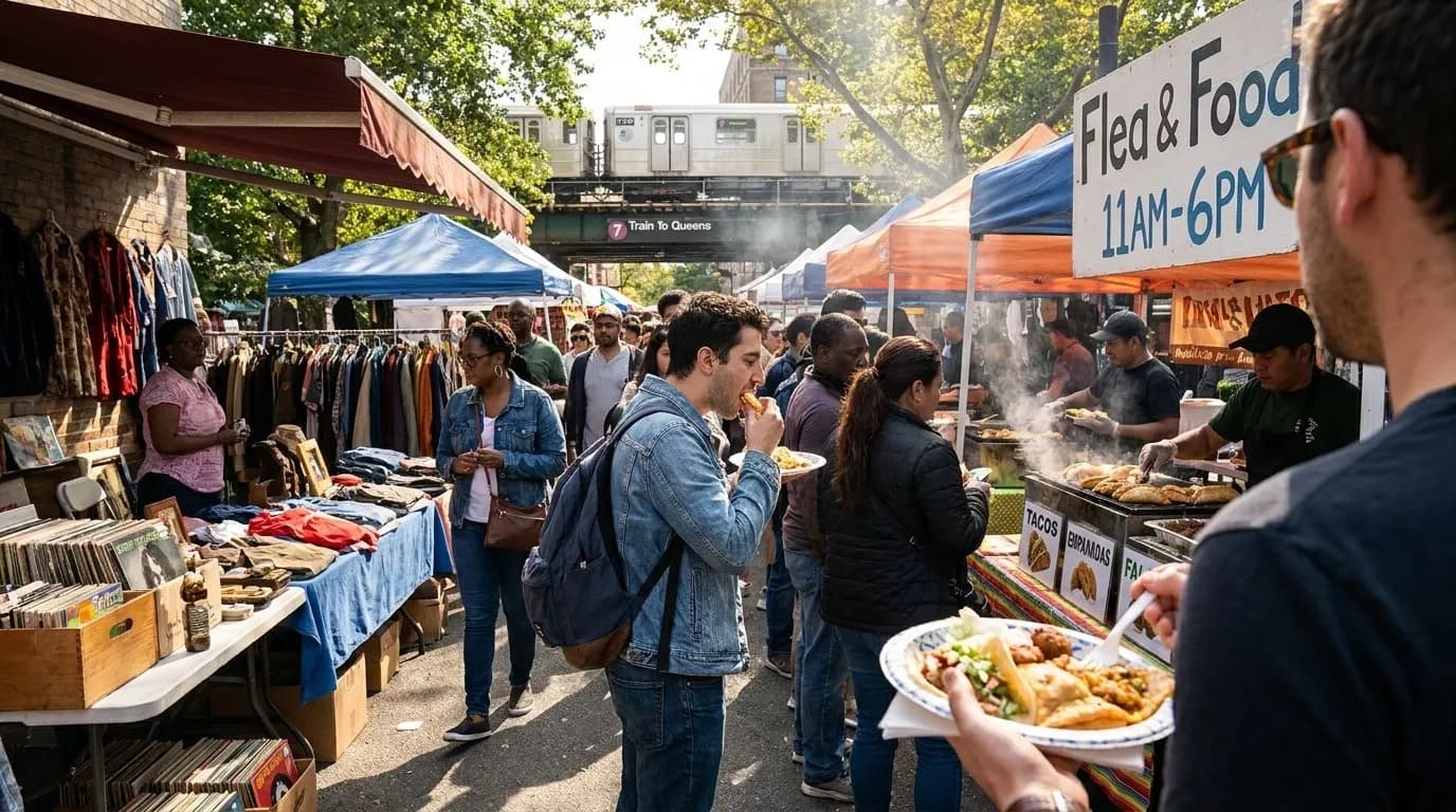 NYC experience scene for Queens Flea Markets Where Food Stalls Beat the Shopping