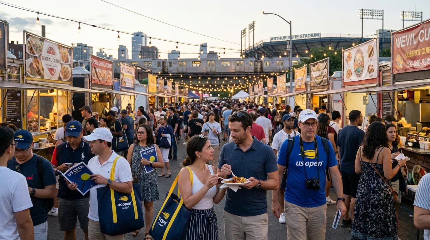 Photorealistic US Open tennis scene for Queens Night Markets and US Open Evening Plans.