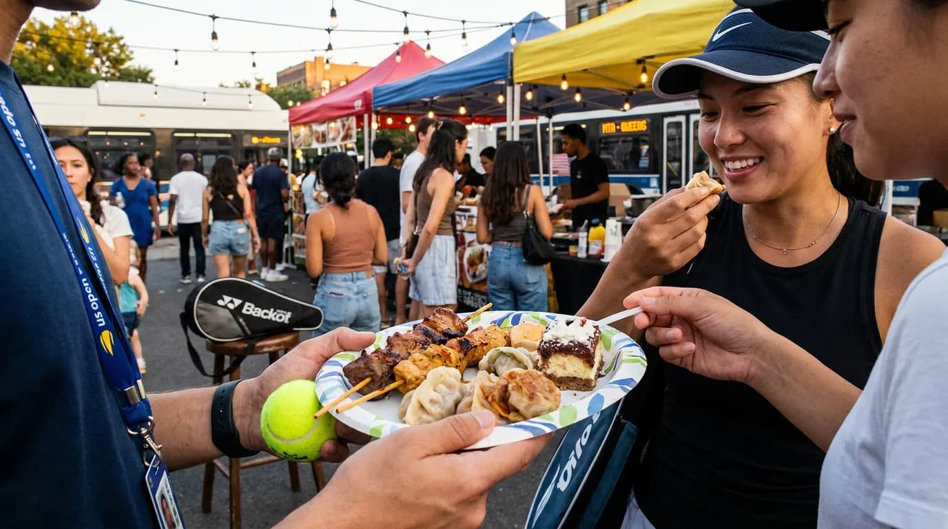 Photorealistic tennis scene illustrating Queens Night Markets and US Open Evening Plans.