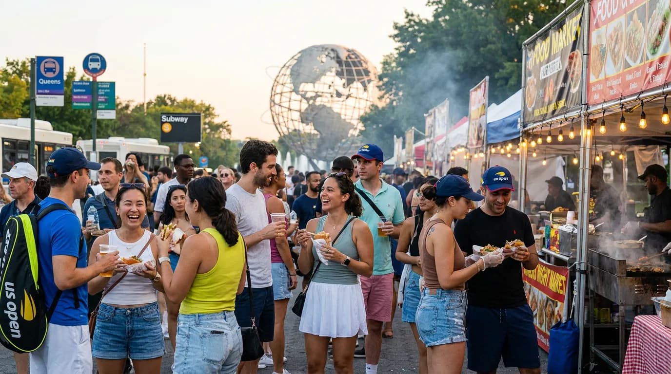 Bright US Open tennis atmosphere illustrating Queens Night Markets and US Open Evening Plans.