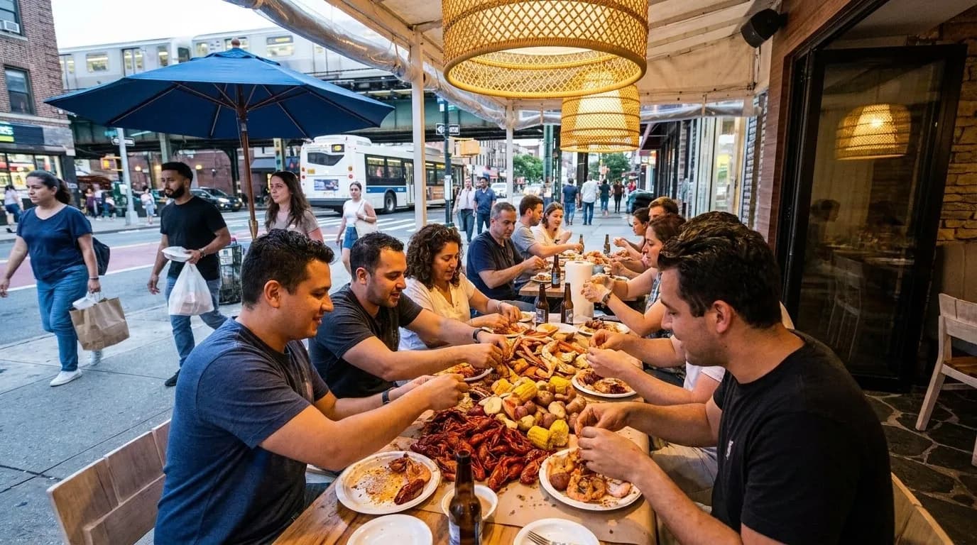 NYC experience scene for Queens Seafood Boils Built for Loud Summer Group Dinners