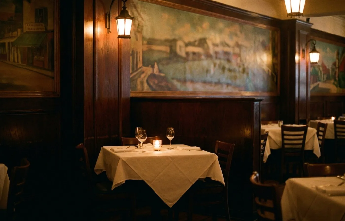 A candlelit corner table for two in a small old-fashioned dining room with white tablecloths, wood panelling and framed pictures on the wall