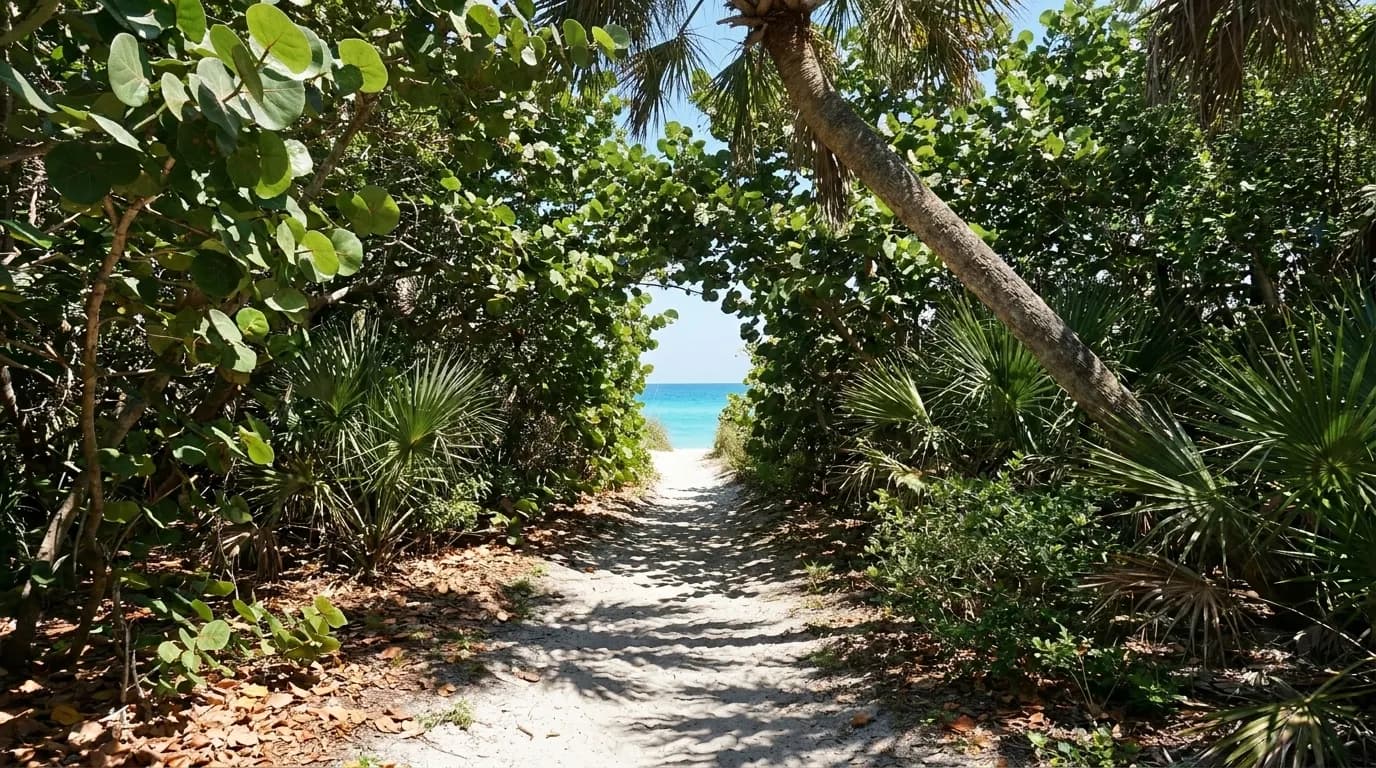 A narrow sandy path cut through dense sea grape and palmetto, opening onto bright water at the far end with dappled shade across the sand