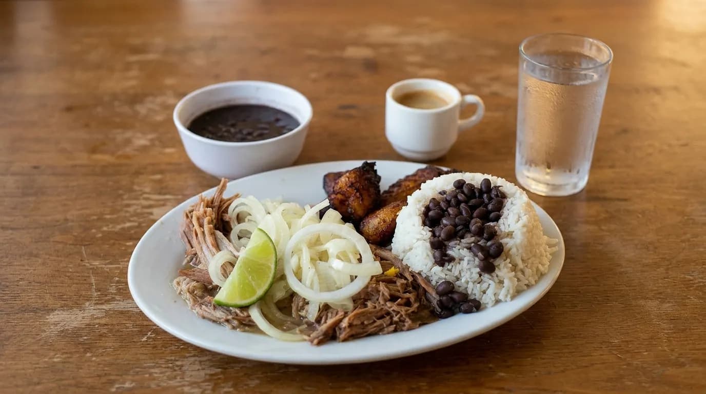 A plate of roast pork with black beans, white rice and fried plantain on a plain table, a small dish of onions and a glass of water beside it