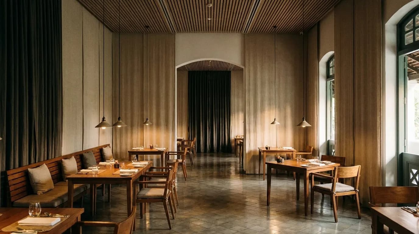 A small restaurant dining room at dusk with widely spaced wooden tables, low pendant lights and slatted timber ceiling panels absorbing the light