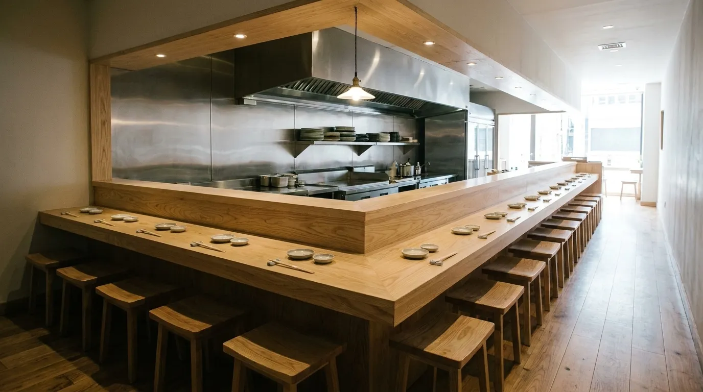 A twelve-seat counter running the length of a narrow room, place settings laid out on pale timber with an open kitchen pass just behind