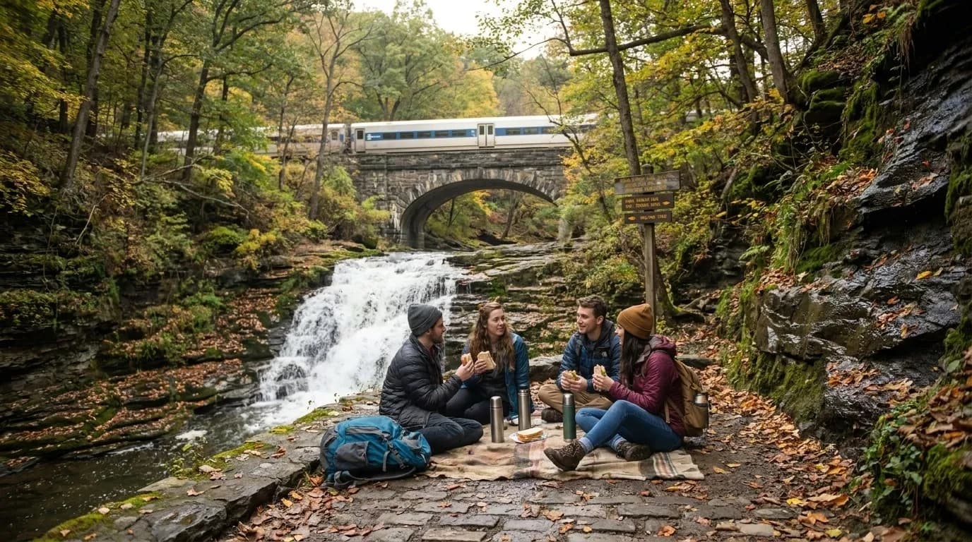 Cover scene for Quiet Waterfall Picnic Routes Reachable by Train From NYC