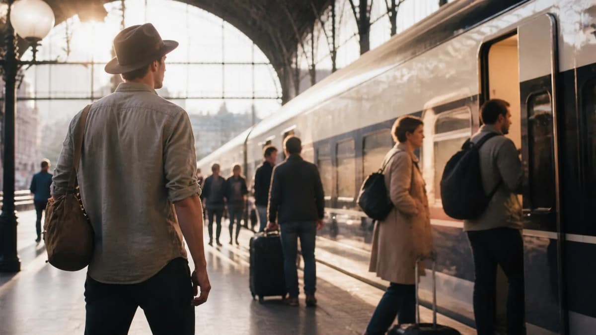 Photorealistic editorial comparison of Karpo and Rail Europe in a real city decision.
