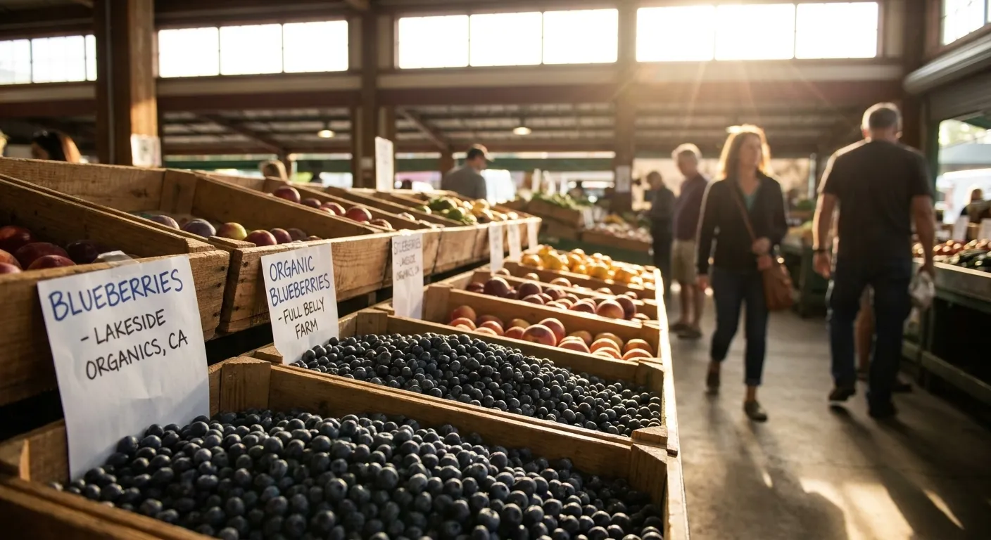Wooden produce bins filled with organic blueberries and stone fruit, each labeled with farm names and origins, under bright market lighting at Rainbow Grocery