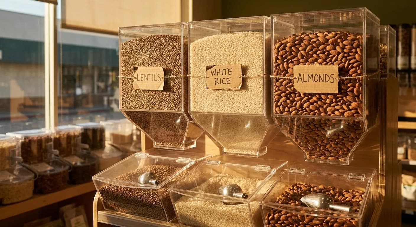 Clear acrylic bulk food dispensers filled with grains, nuts, and dried goods, with handwritten labels and scoop bins below, afternoon light filtering through the aisle