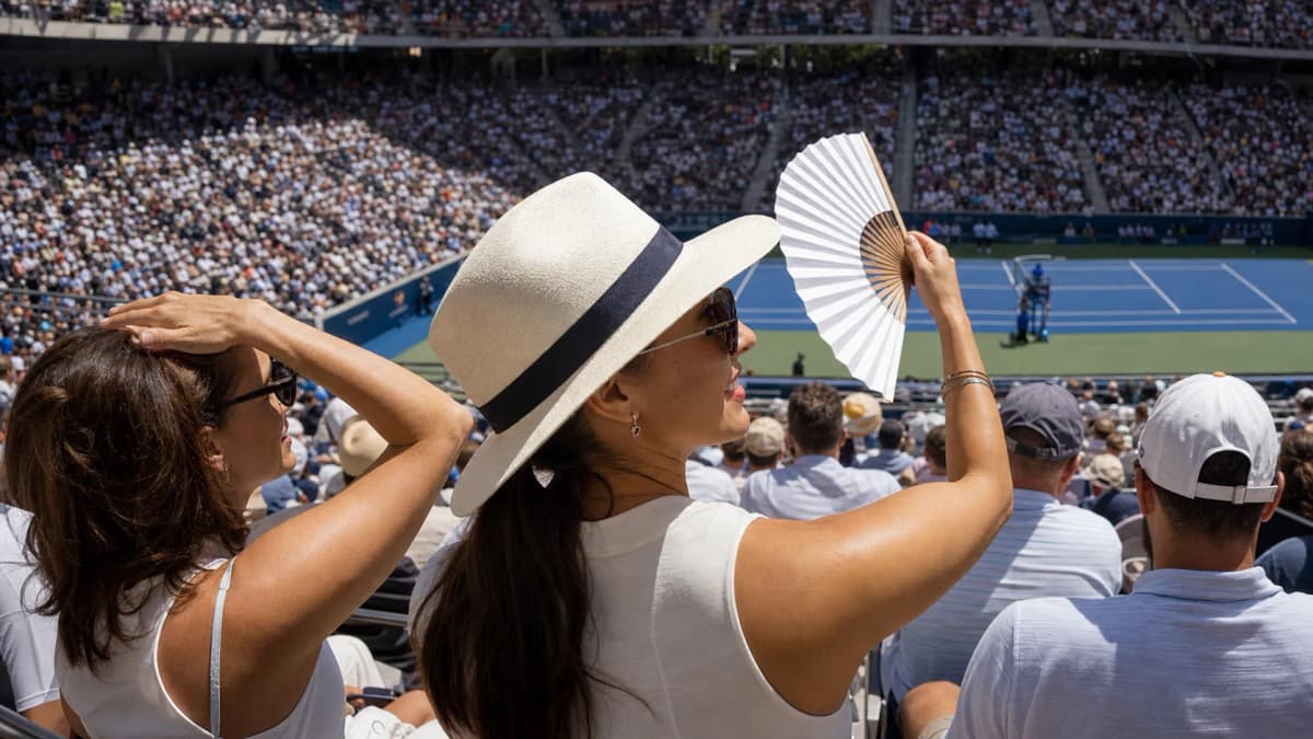 Photorealistic US Open tennis scene for Rain Delays at the US Open: What Ticket Holders Should Know.