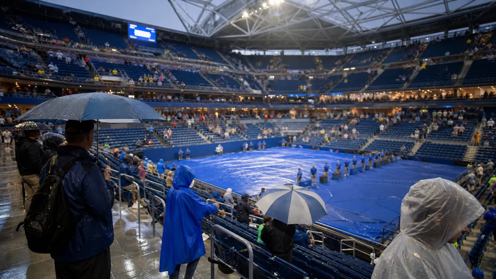 Photorealistic US Open tennis scene for Rain Delays at the US Open: What Ticket Holders Should Know.