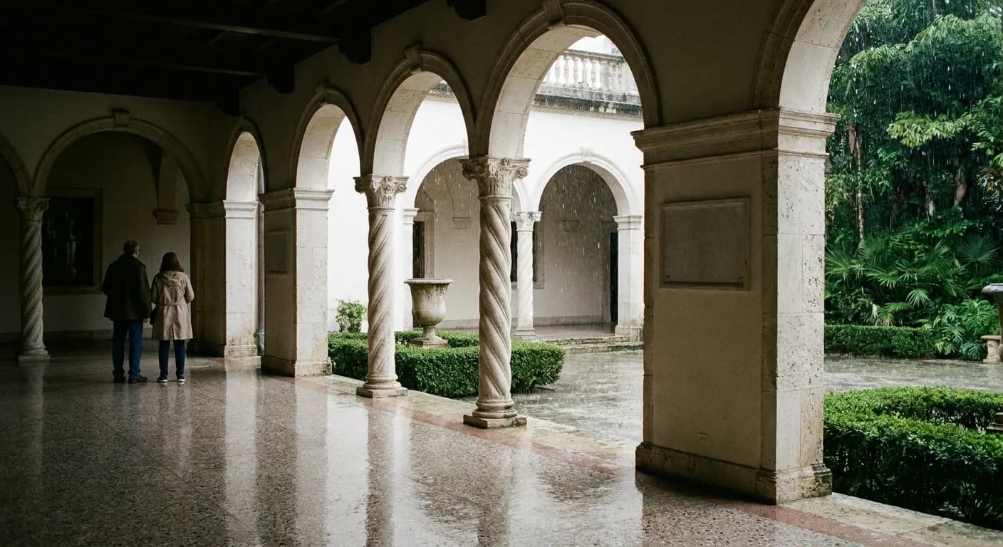 The limestone loggia of an Italianate villa in Miami during rain, wet terrazzo reflecting gray light with rain falling in the courtyard beyond