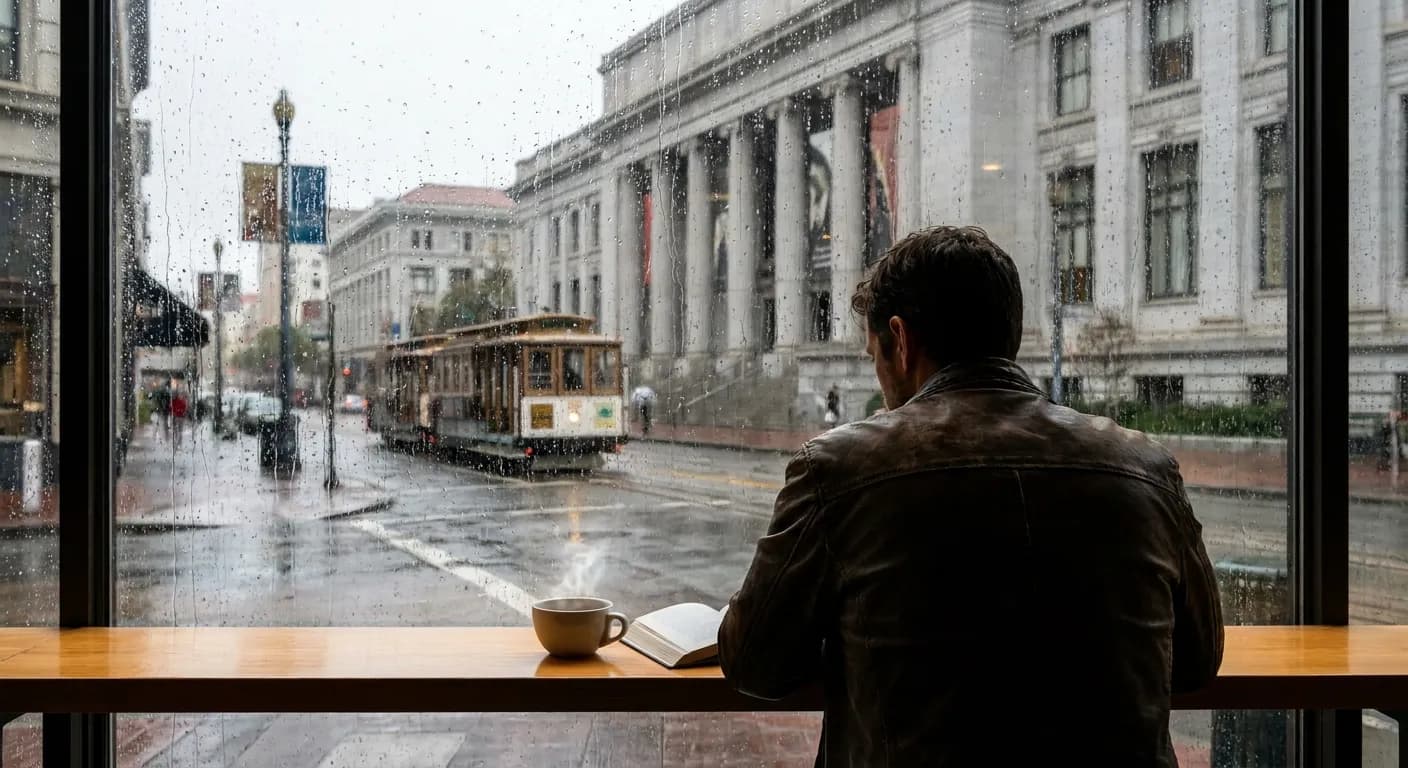 A person reading with coffee at a rain-streaked cafe window with a museum building visible across the street