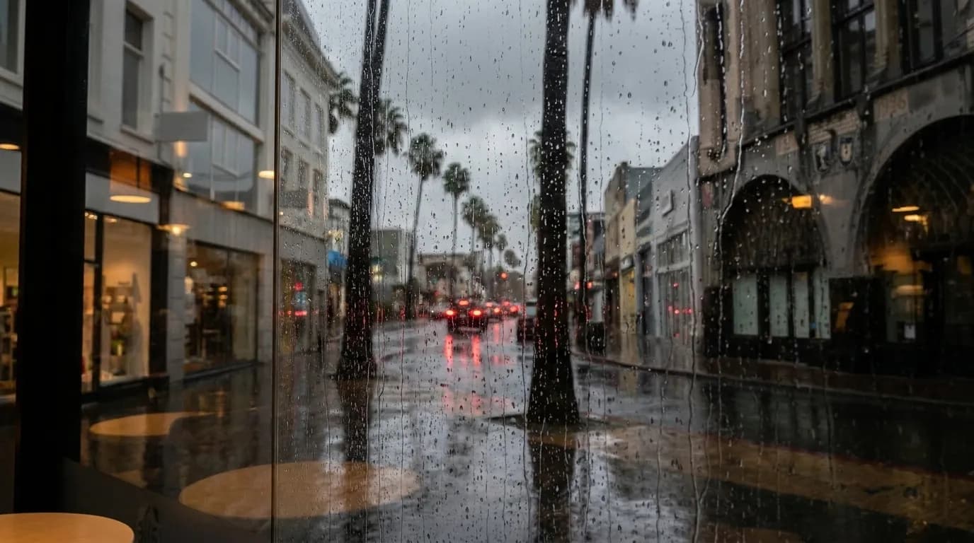 A rain-slicked Los Angeles street seen through a café window, blurred red tail lights and palm trees behind streaked glass