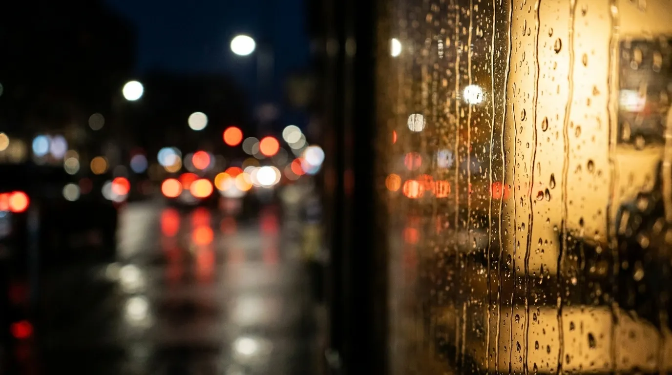 A close view of rain running down a café window at night, warm interior light on the glass and the blurred colours of traffic beyond