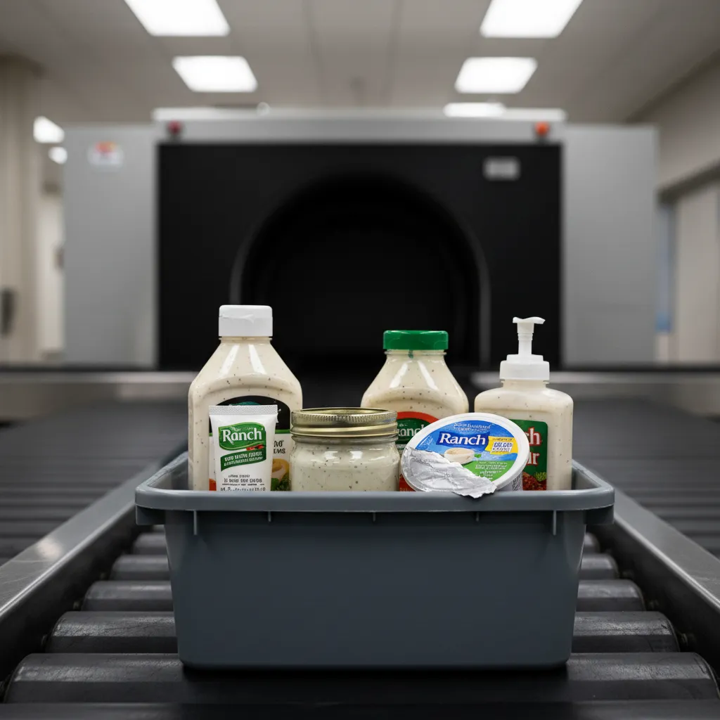 Ranch dressing bottles on a TSA airport security conveyor belt during World Cup 2026