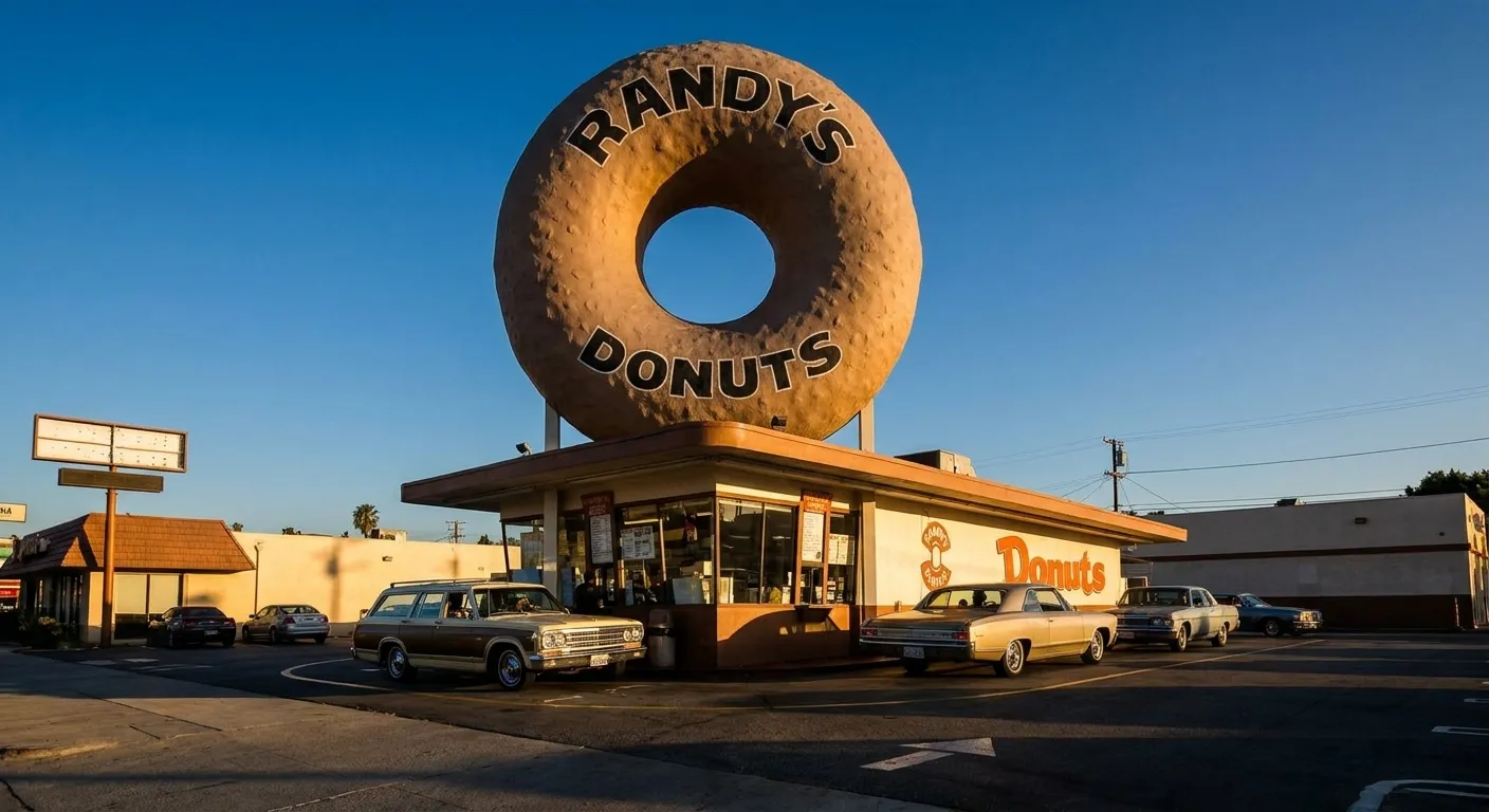 Randy's Donuts iconic 32-foot rooftop donut structure in Inglewood with drive-thru lane and Mid-Century Modern building