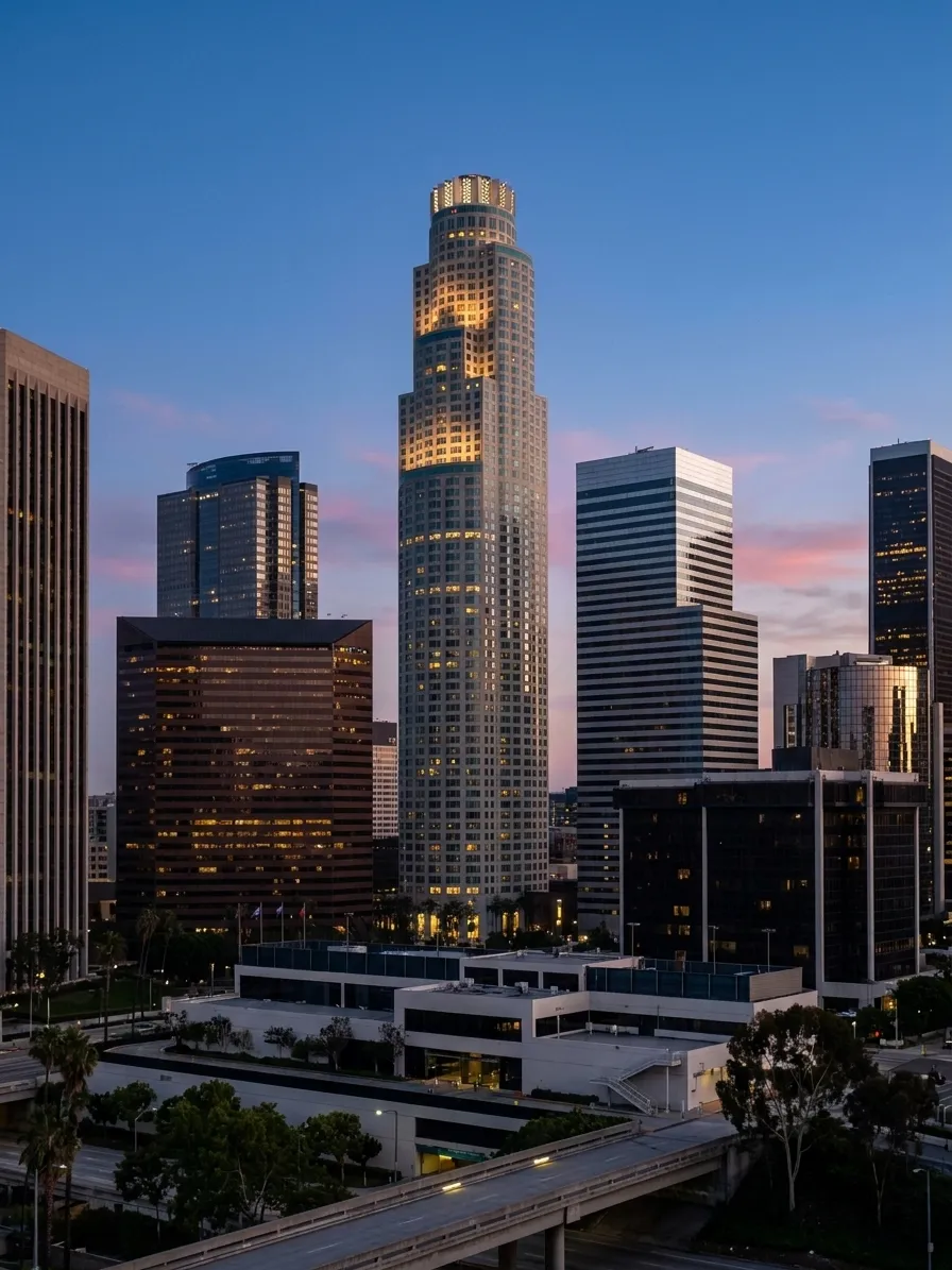 U.S. Bank Tower rising above downtown Los Angeles Financial District skyline with distinctive cylindrical crown section