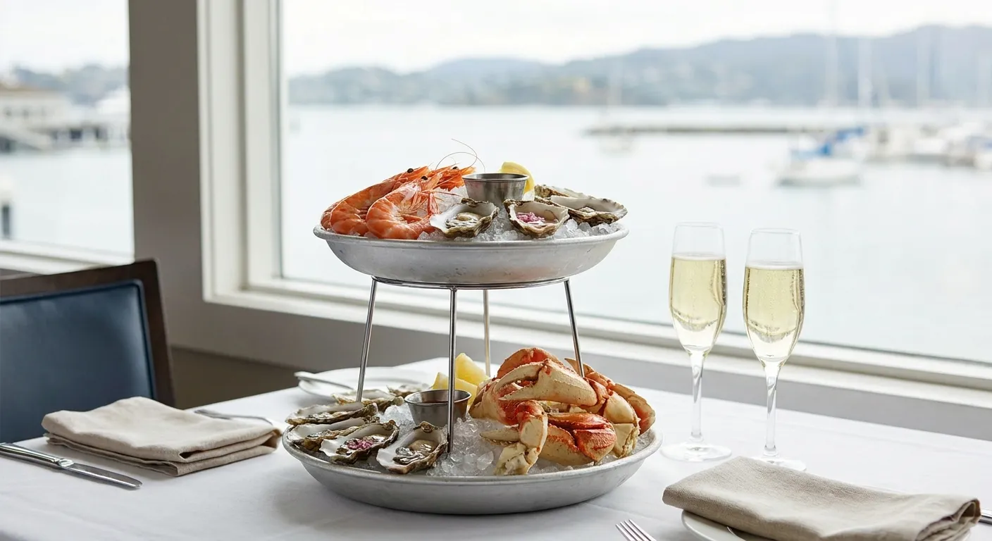 A two-tier seafood tower on crushed ice with prawns, oysters, and crab claws beside two glasses of champagne