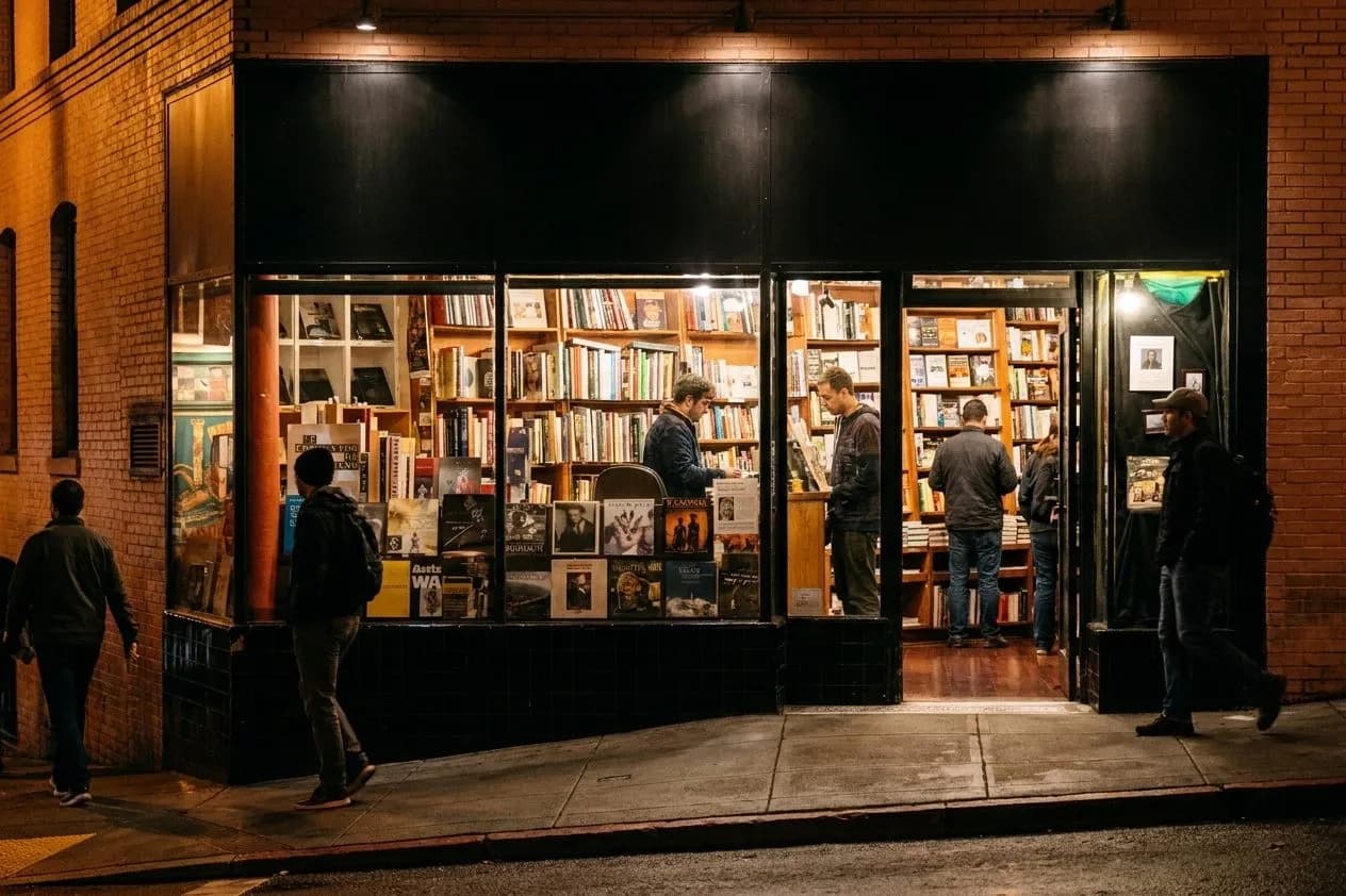 Night exterior of a landmark bookstore in North Beach, San Francisco